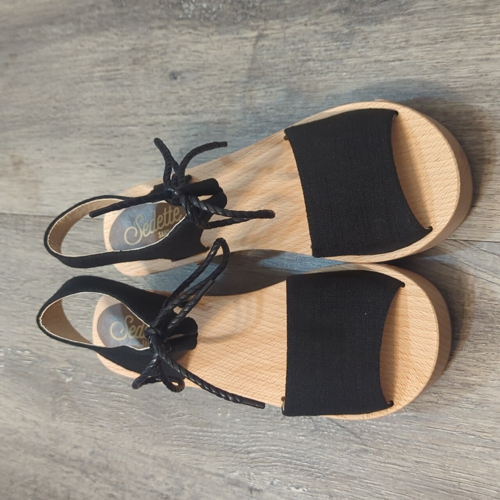Sadette Sandal Co Linen Wooden Heel Clogs Tie up Sandals